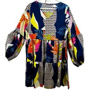 EUC Boho Tiered Babydoll Dress | Tropical Print & Geometric Design | Bold & Brig